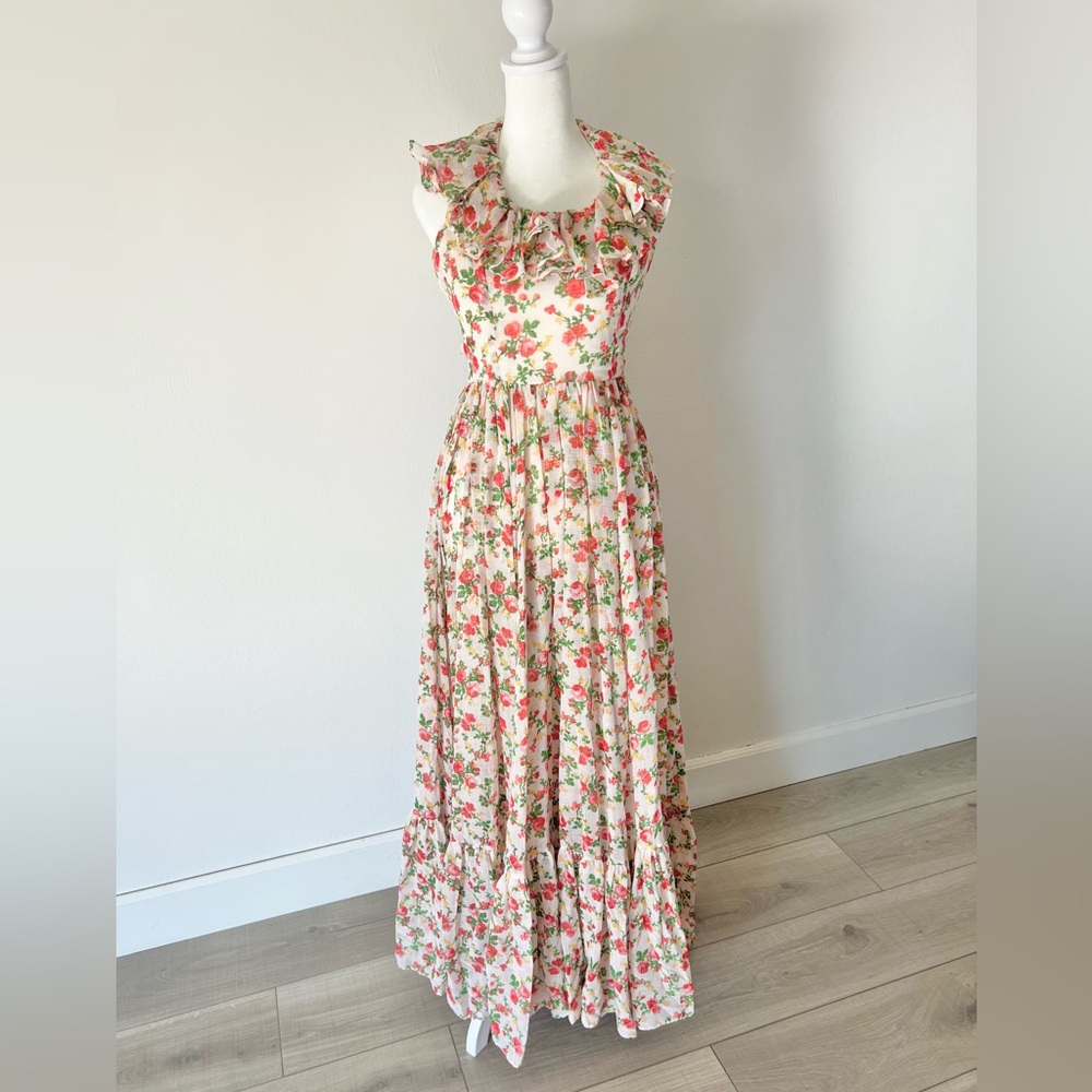 Denise L  Vintage 1970s Floral Halter Strap Open Back Maxi‎ Dress Size 7/8